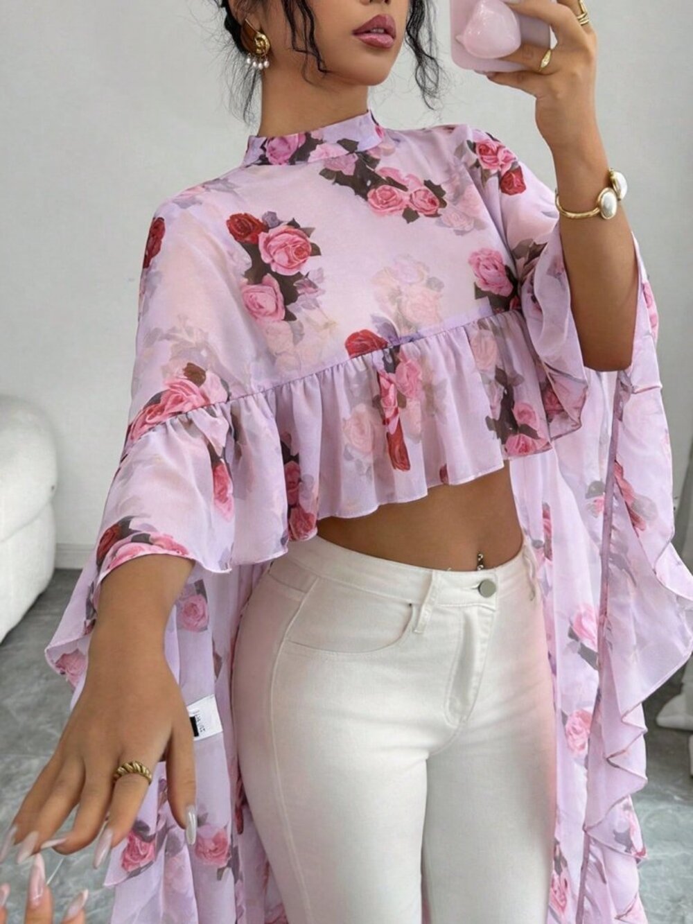 Multicolor Women's darin Collar Chiffon Floral Ruffle Trim hi-low Elegant Blouse - Picture 4 of 6